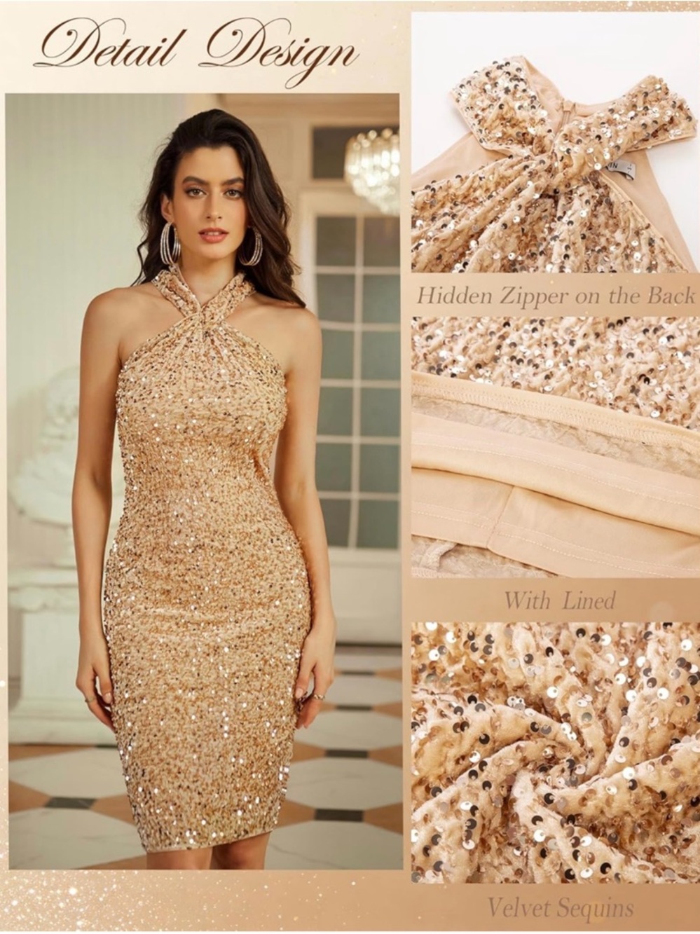 GRACE KARIN Sequin, Sleeveless, Sparkly Sequins, Halter Bodycon Mini Dress, S - Picture 2 of 4